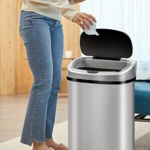 Trash Can, Motion Sensor Garbage Can 13 Gallon, Touchless Kitchen Trash Cans with Lid, Stainless Steel Sensor Garbage Cans for Kitchen, Automatic Small Trash Can for Bathroom Bedroom Home, Sliver