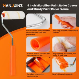 HANJKINZ Microfiber Paint Roller 4 Inch, Small Paint Roller Covers (3/8-Inch Nap, 60 Pack), Mini Paint Rollers for House Painting with Paint Roller Frame, Wall Painting Tool