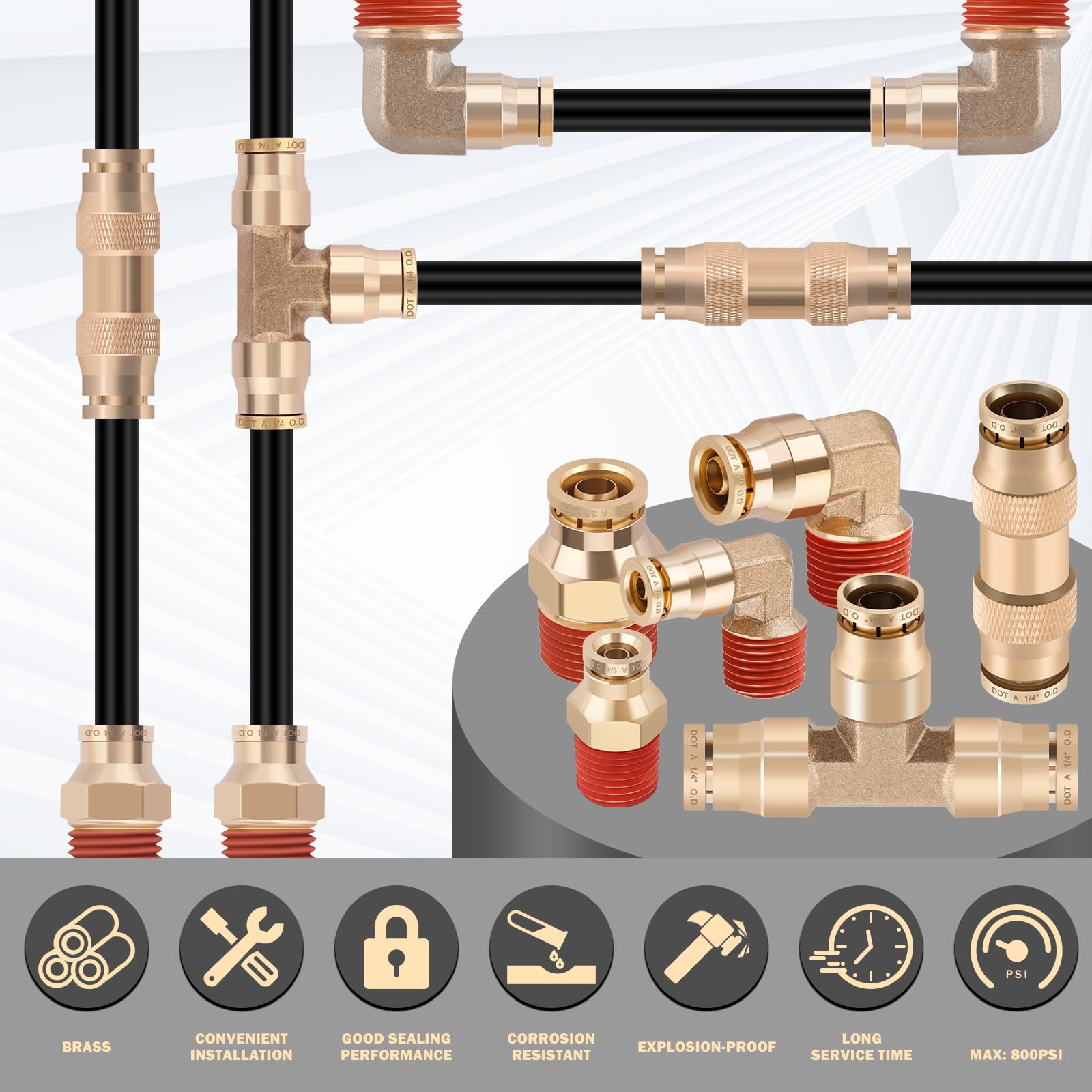 CheeMuii 32 Pcs Brass DOT Air Line Fittings With 50 FT 1/4" and 32.8 FT 3/8" DOT Air Lines Kit 3/8" 1/2" NPT Thread & Quick Connect Fittings for Semi Truck Trailer or Industrial Air System