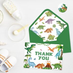 Whaline 24 Pack Dinosaur Thank You Card Watercolor Green Jurassic Greeting Card with Envelopes Sticker Cute Animal Blank Note Card for Baby Shower Party Invitation Supplies, 4 x 6 Inch