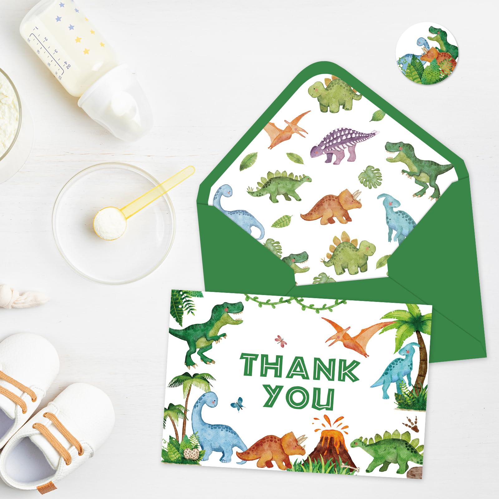 Whaline 24 Pack Dinosaur Thank You Card Watercolor Green Jurassic Greeting Card with Envelopes Sticker Cute Animal Blank Note Card for Baby Shower Party Invitation Supplies, 4 x 6 Inch