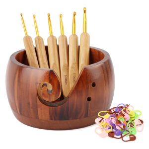 Wooden Yarn Bowl with 6pcs Metal Crochet Hooks and 50pcs Crochet Stitch Markers, Knitting Yarn Bowl with Holes Storage, Handmade Yarn Storage Bowl for DIY Knitting Crocheting Accessories