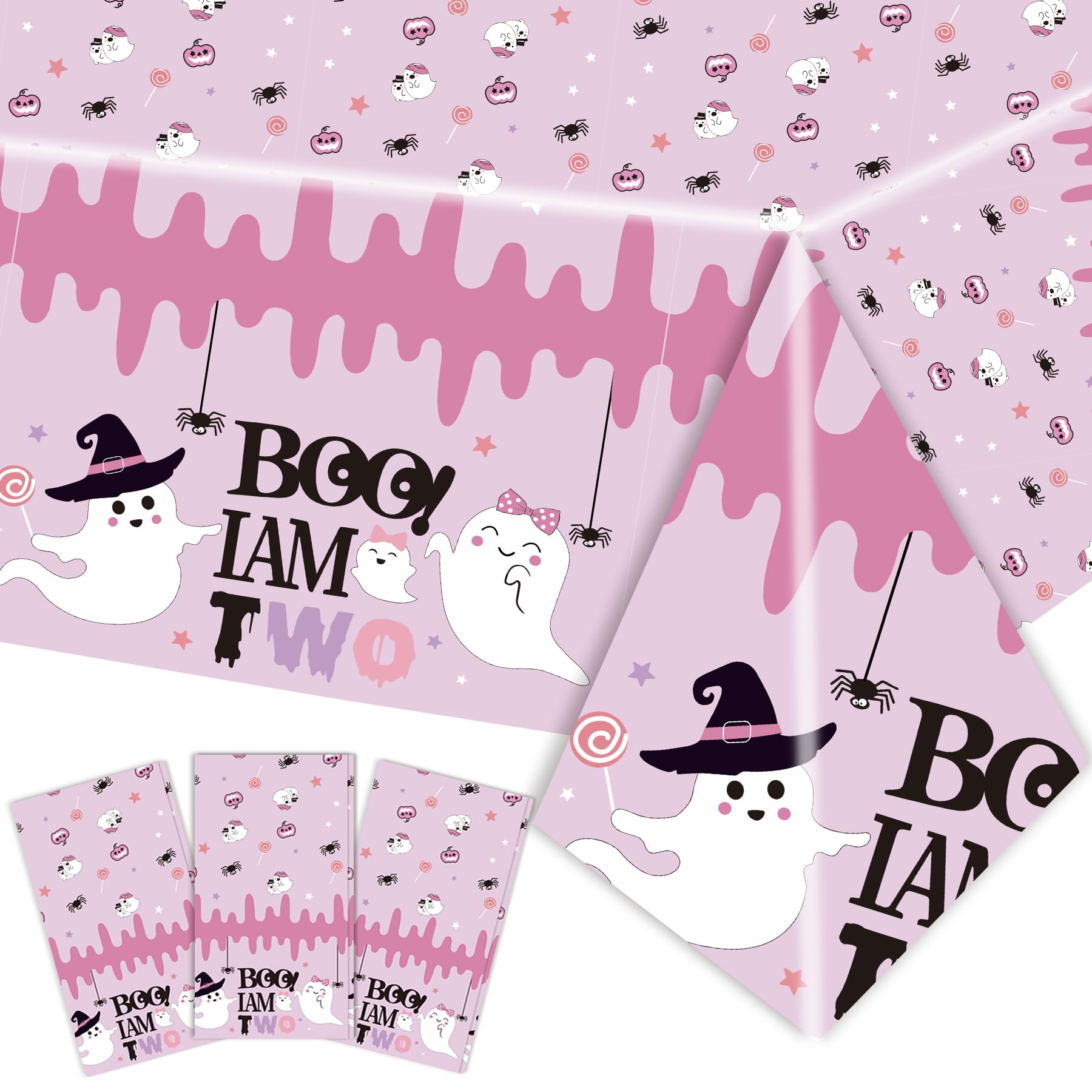 NANAGALI 3PCS Boo I'm Two Theme Table Cover Decorations 54 x108 inch Halloween Boo I'm Two Disposable Plastic Tablecloths for Kids Birthday Baby Shower 2nd Party Decorations Supplies