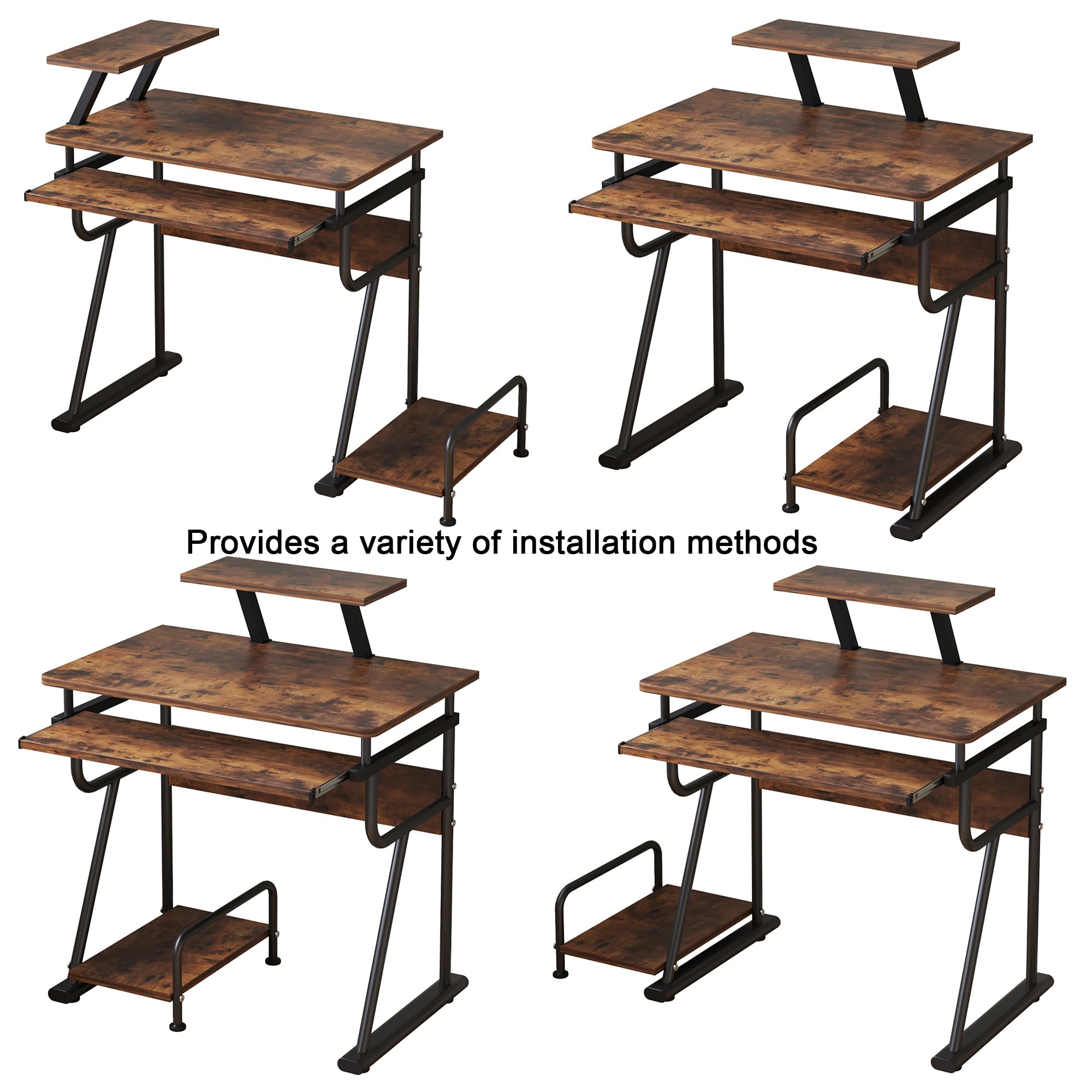 Gaming/Computer Desk, Home Office Small Desk with Monitor Stand, Rustic Writing Desk, Dismountable Computer Tower Stand, Adjustable Storage Space, Modern Design Corner Table