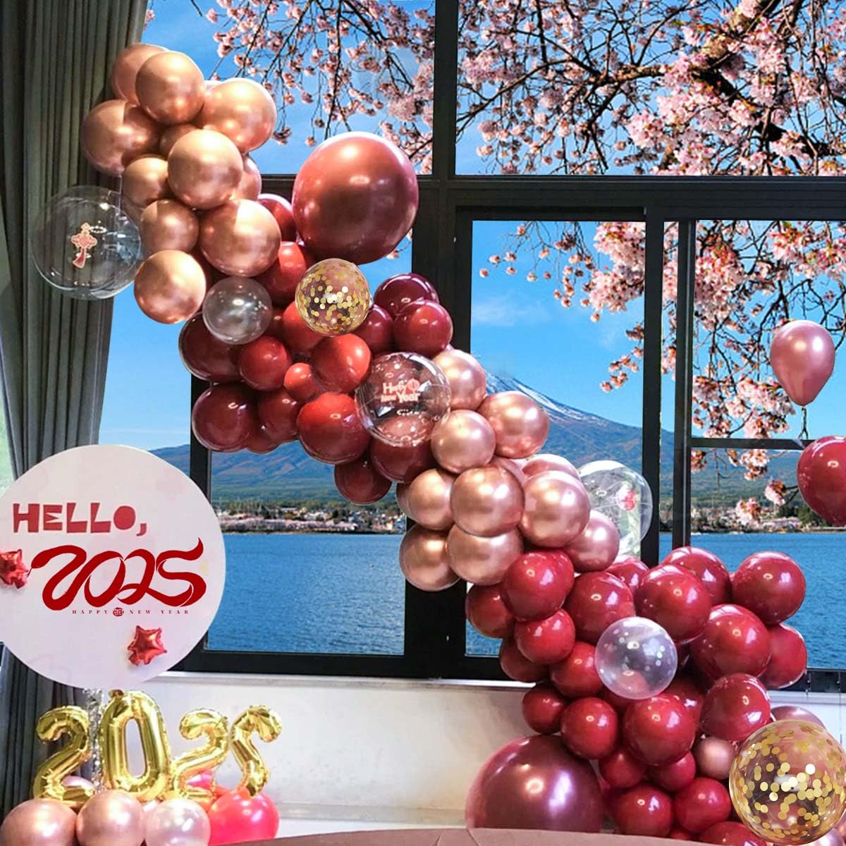 MEBAY Burgundy Balloon Arch Kit, 141 Pcs Maroon Metallic Chrome Gold Rose Gold and White Latex Balloons Different Sizes 18 12 10 5 Inch for Birthday Wedding Anniversary Bridal Bachelorette Wine Party