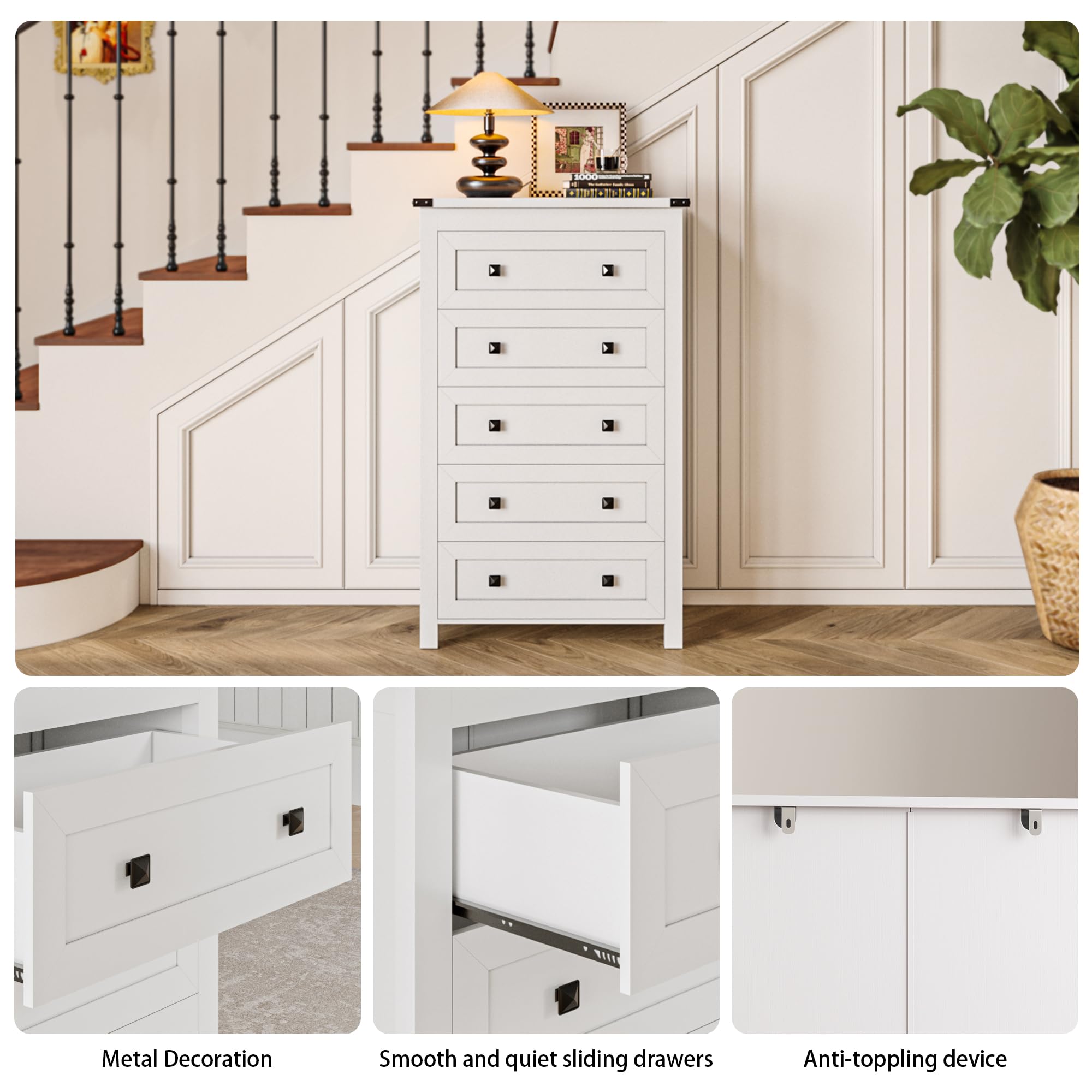 Wodeer White 5 Drawers Dresser for Bedroom,Wood Storage Chest of Drawers, Dresser with Metal Handles,Dressers Organizer for Bedroom, Living Room,Hallway,Nursery