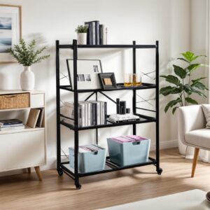 4-Tier Folding Storage Shelves Garage Shelving Unit Foldable Heavy Duty Metal Wire Shelving Organizer Standing Storage Rack Shelf No Assembly with Wheels for Kitchen Pantry Bathroom (4-Tier)