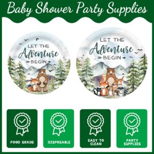 XIENBLOC 120pcs Let The Adventure Begin Party Supplies Baby Shower Plates Napkins Tableware Set Disposable Cups Green Forks Adventure Party Supplies for 24 Guests