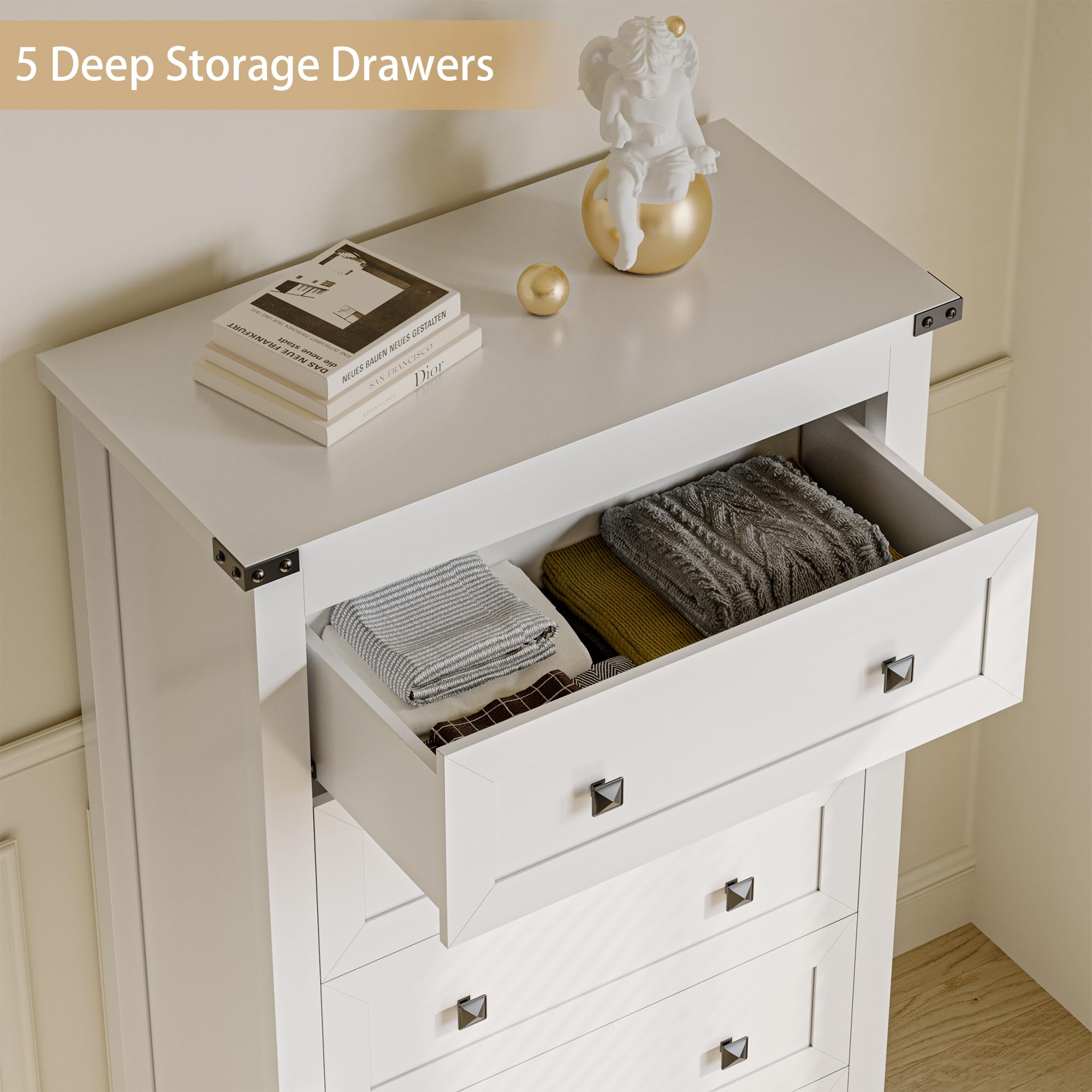 Wodeer White 5 Drawers Dresser for Bedroom,Wood Storage Chest of Drawers, Dresser with Metal Handles,Dressers Organizer for Bedroom, Living Room,Hallway,Nursery