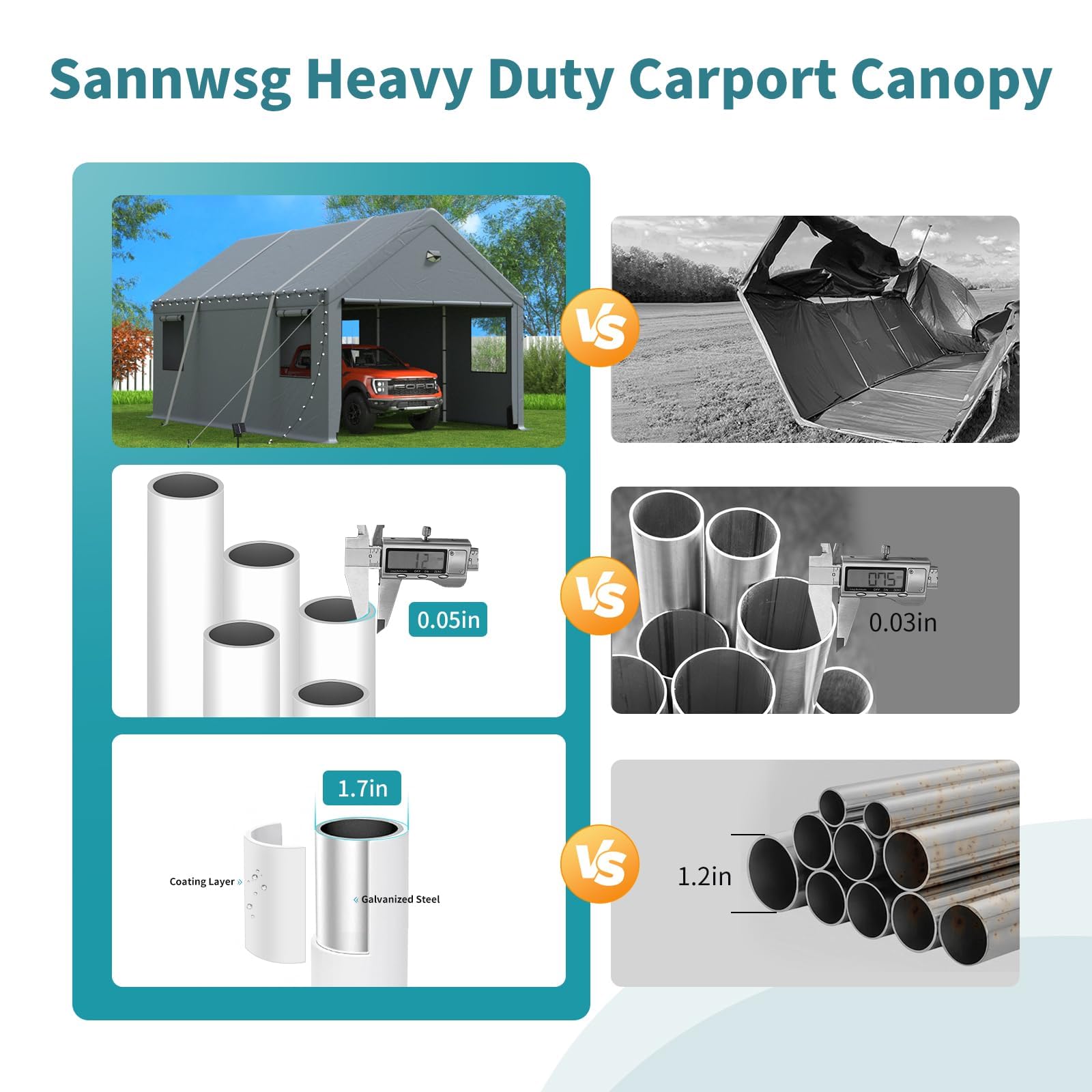 10x16 Carport, Heavy Duty Car Port with Galvanized Steel Frame, Removable Sidewalls & Doors, Portable Garage with Bindings, Sandbags and Lights, Car Shelter Shed Canopy for SUV, Truck, Boats