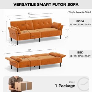 COPIAE 89” Futon Sofa Bed, Velvet Fabric Comfy Futon Couch Bed with 2 Square Pillows, Convertible Sleeper Sofa with Adjustable Backrest& Armrests, Modern Loveseat Sleeper for Living Room, Bedroom