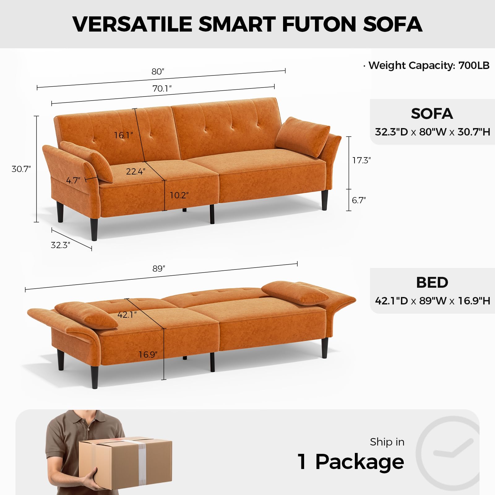 COPIAE 89” Futon Sofa Bed, Velvet Fabric Comfy Futon Couch Bed with 2 Square Pillows, Convertible Sleeper Sofa with Adjustable Backrest& Armrests, Modern Loveseat Sleeper for Living Room, Bedroom