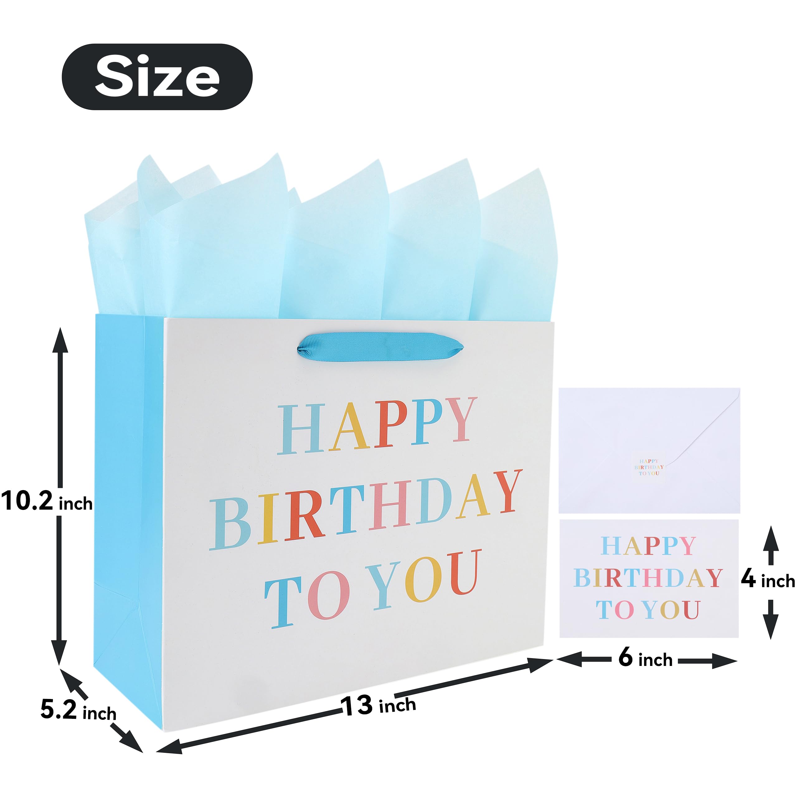 2 Pack 13” Large White Happy Birthday Gift Bags Set with Handles, Greeting Card, Tissue Papers and Stickers for Girls Boys Kids Women Men Party, Reusable Design, 2 Pcs