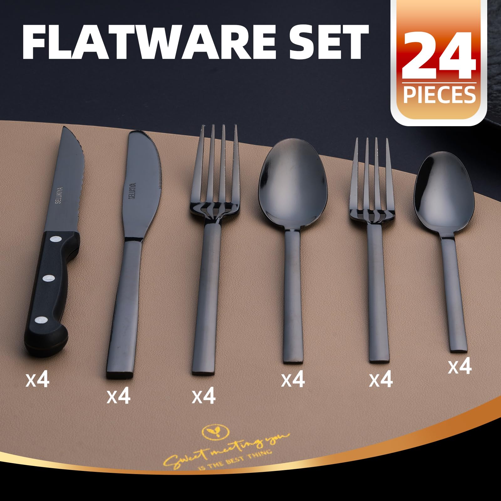 SELUKIYA 24 Pcs Silverware Flatware Service for 4, 18/0 Stainless Steel Tableware with Steak Knives, High Mirror Polished Cutlery Set in Ergonomic Design Size and Weight, Dishwasher Safe, Black