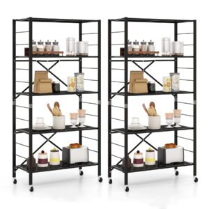 giantex 5-tier folding bookshelf with wheels of 2, 60" tall foldable black metal shelves for storage, freestanding open shelving storage, easy assembly bookcase display shelving rack, black