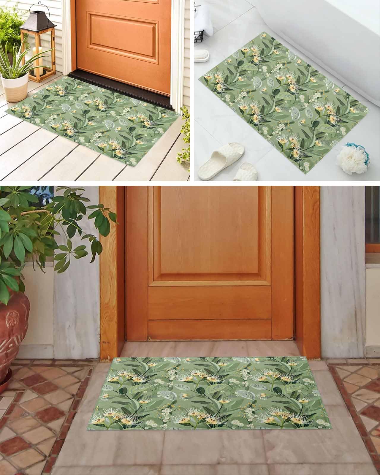 Edwiinsa Tropical Flower Plush Rug Non Slip Bathroom Mat, Soft Shaggy Bath Rugs Entryway Rug 18'' x 30'', Green Palm Leaves Botanical Spring Summer Throw Floor Carpet Mat for Bathroom Shower Kitchen