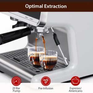 Takywep Semi-Automatic Espresso Machine - 1450W/20 Bar, 30 Grinder Settings, Fast Heating, Milk Frother Steam Wand, Home & Hotel Use, Silver