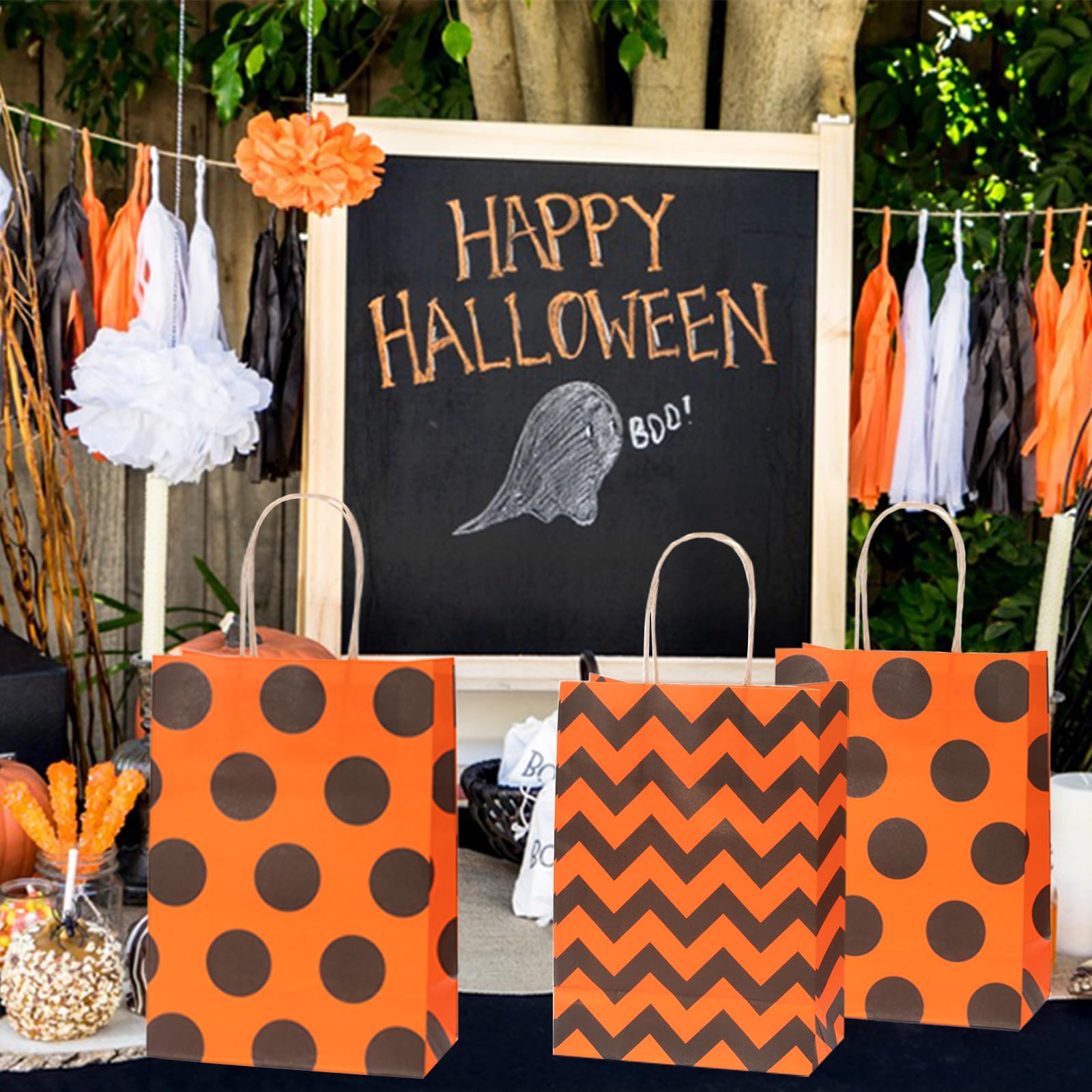 24 Pcs Halloween Treat Bags with Handles, Halloween Goodie Bags Candy Bags Paper Gift Bags For Trick or Treating, Kraft Paper Bags Party Favor Reusable Paper Bags for Halloween Thanksgiving Day