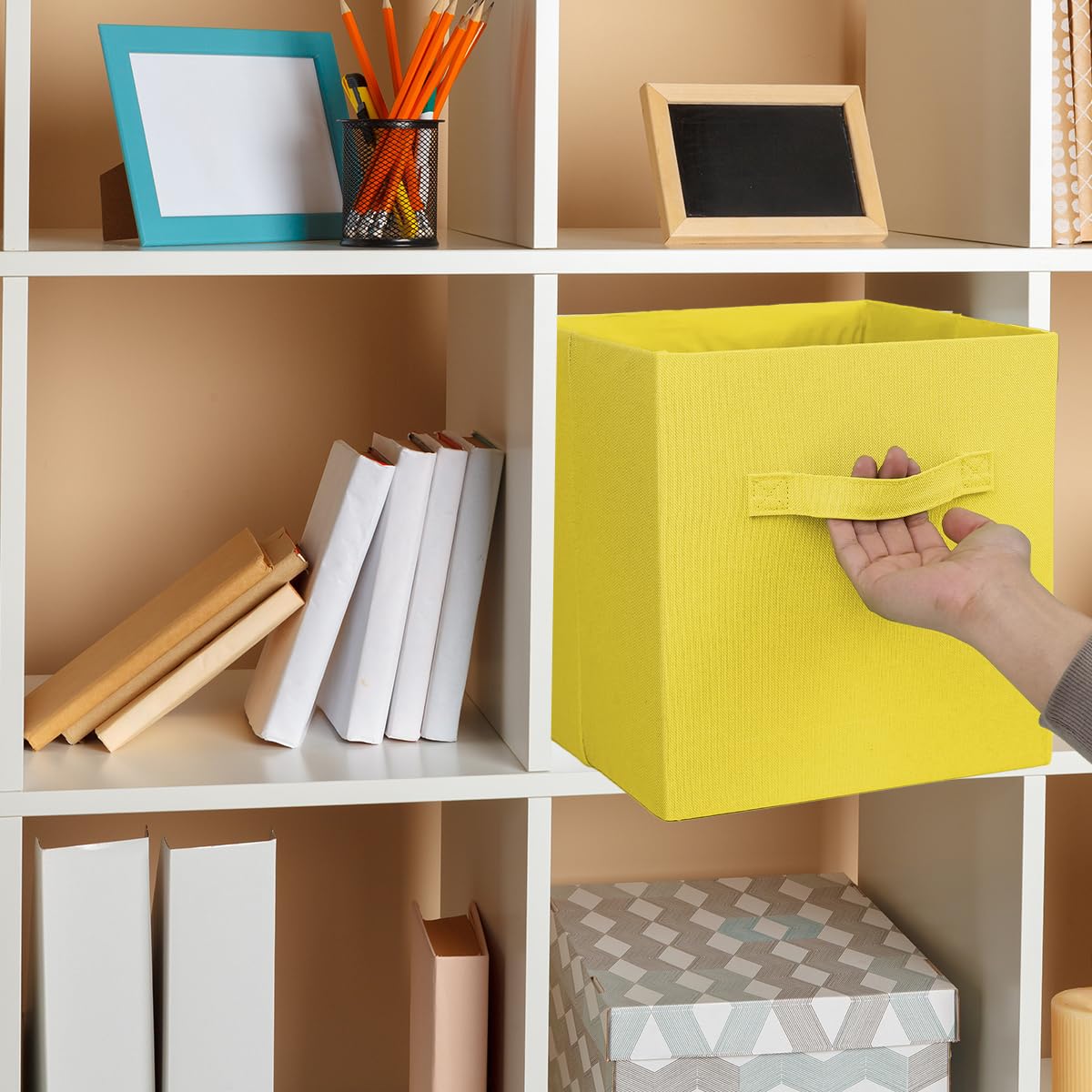 11x11 Collapsible Storage Bins, Cubby Storage Boxes with Handles for Organizing Shelf Closet, Home Decor, 2 Pack, Yellow