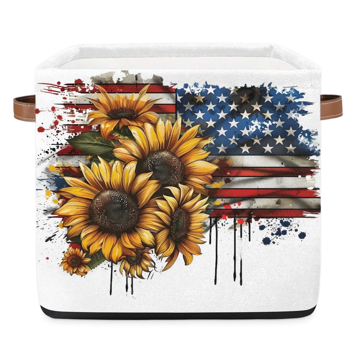 oooJHooo Storage Baskets for Shelves, Sunflower American Flag Waterproof Storage Bins, Collapsible Toy Storage Cubes Organizer with Handles, for Home Closet Nursery Office