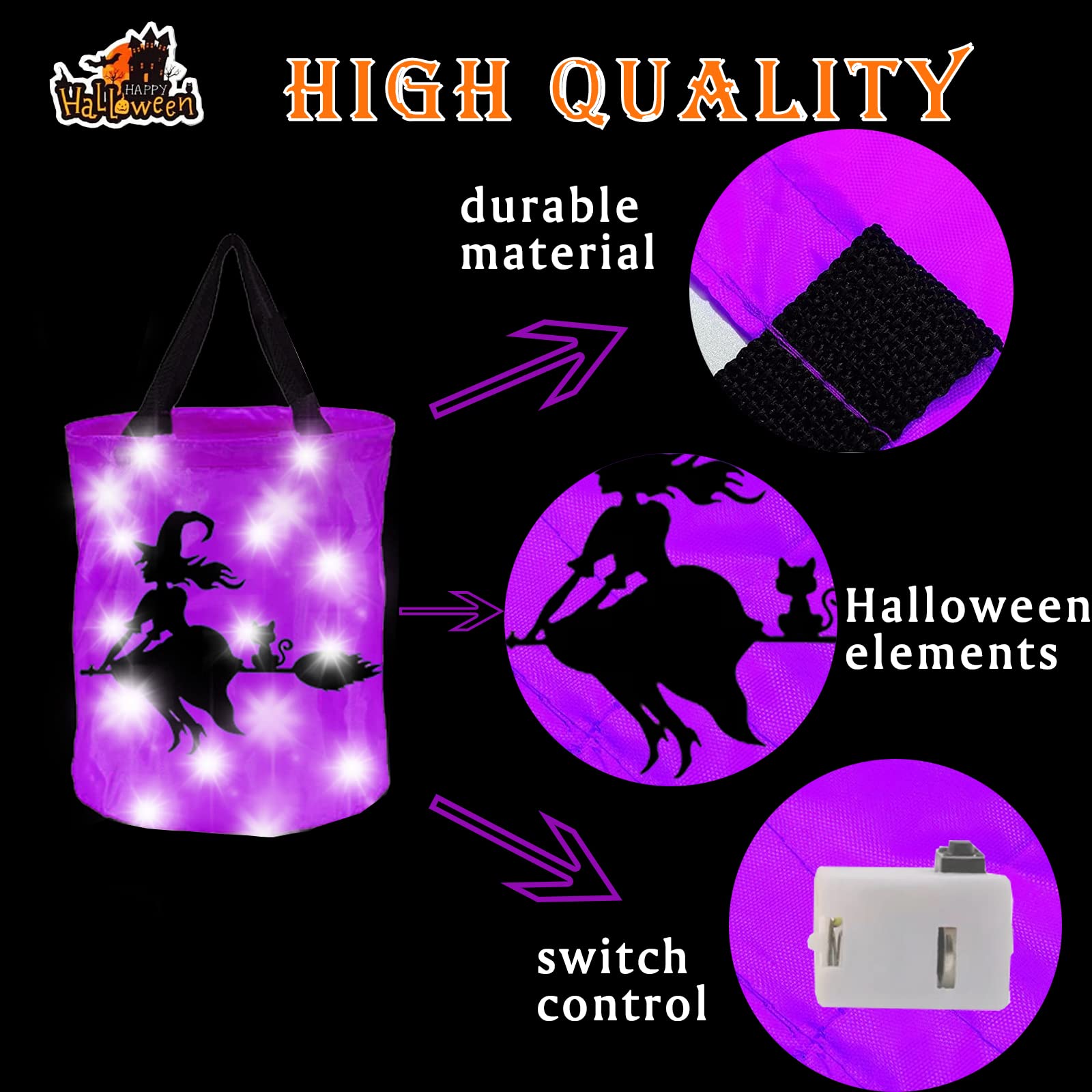 ANYMONYPF 3 Pieces Halloween LED Light Candy Bags Light Up Halloween Trick or Treat Bags Ghost Pumpkin Witch Bucket Halloween Treat Bags for Kids Halloween Party Favors