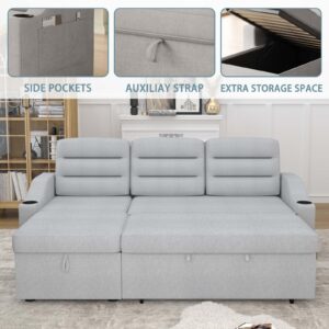 83.5"Convertible Sleeper Combo Sofa, L Shaped Sleeper Sofa,Convertible Sofa Bed with Storage Recliner and Cup Holder,2 in 1 Pull Out Couch,Polyester Sleeper Sofa for Living Room,Apartment, Light Grey