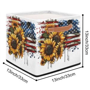 oooJHooo Storage Baskets for Shelves, Sunflower American Flag Waterproof Storage Bins, Collapsible Toy Storage Cubes Organizer with Handles, for Home Closet Nursery Office