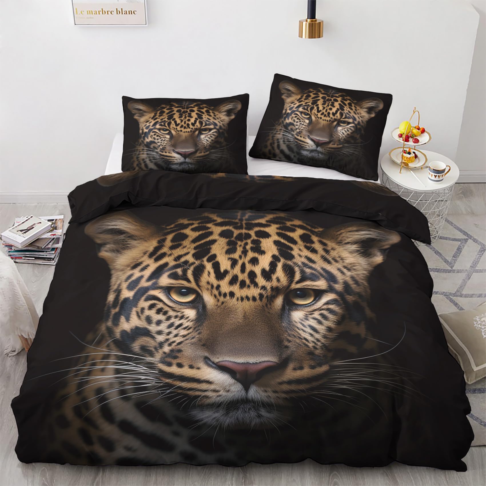 FJWXCBD Leopard Duvet Cover Queen Size, Cheetah Pattern Bedding Set 3 Piece for Bedroom Decor, Wildlife Duvet Cover & 2 Pillow Shams, with Zipper & Ties, Super Soft Microfiber