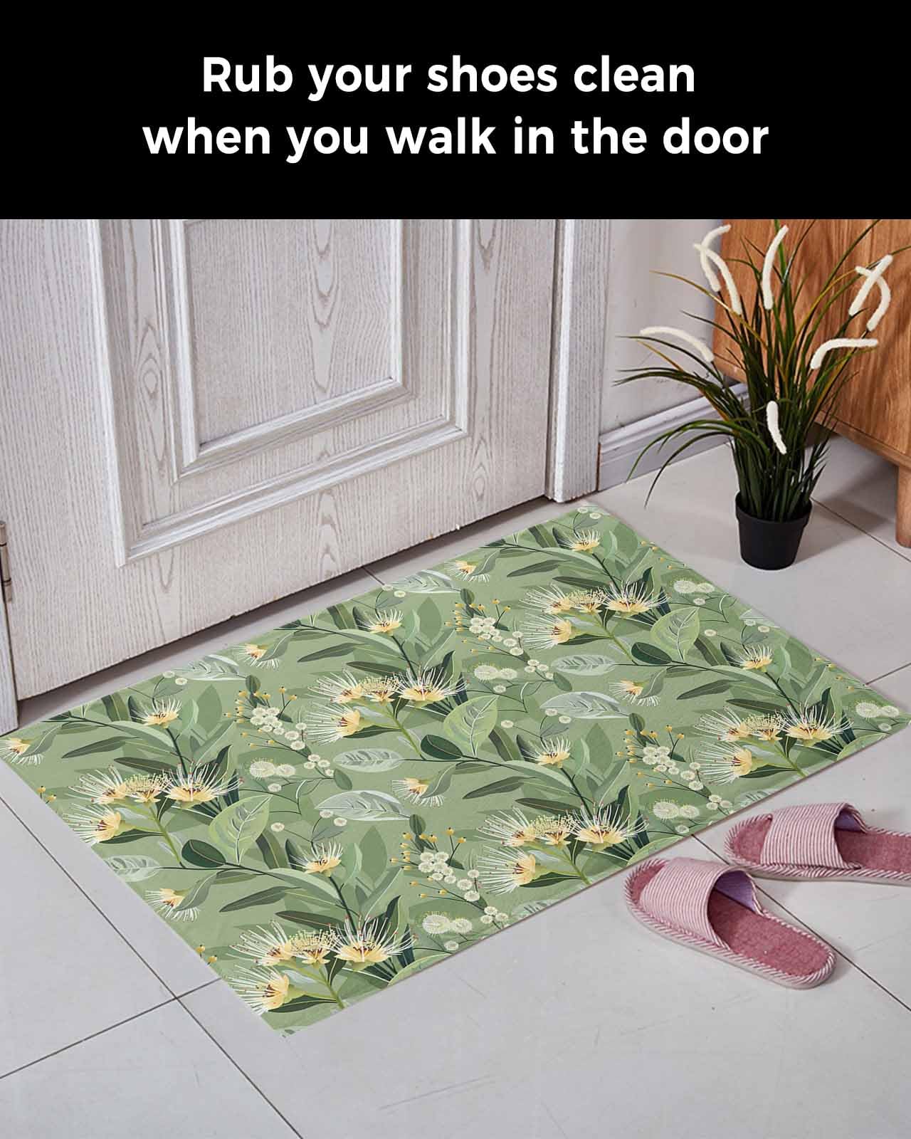 Edwiinsa Tropical Flower Plush Rug Non Slip Bathroom Mat, Soft Shaggy Bath Rugs Entryway Rug 18'' x 30'', Green Palm Leaves Botanical Spring Summer Throw Floor Carpet Mat for Bathroom Shower Kitchen