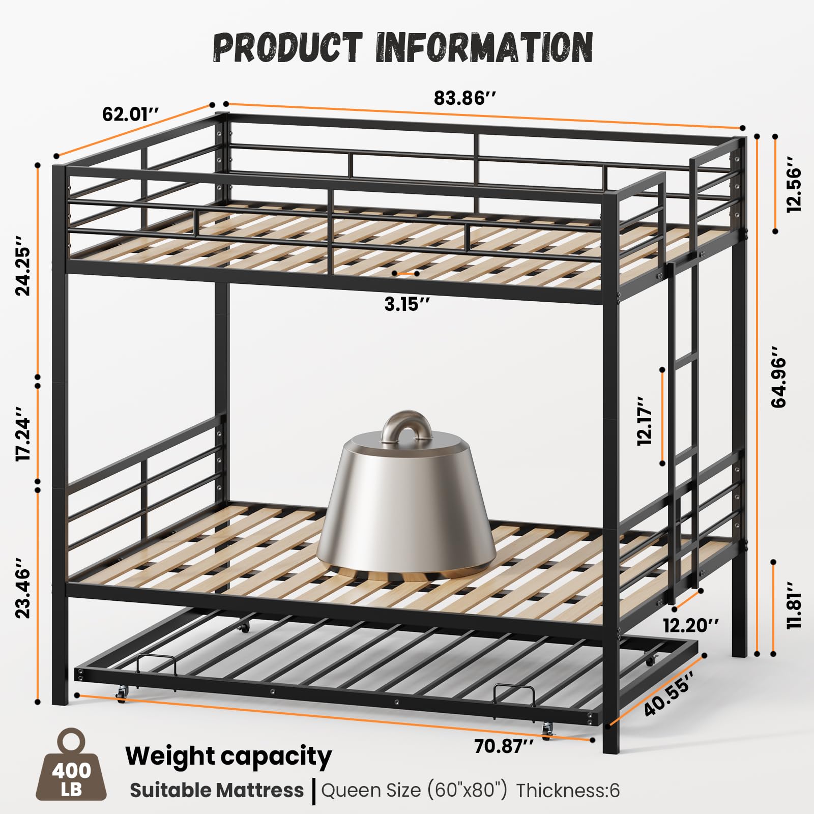 UOCFYK Queen Over Queen Bunk Bed with Trundle for Kids/Adults,Heavy Duty Bunk Bed with Convertible 2 Beds & Ladder for Dorm,Bedroom,Guest Room,Space Saving Design & No Box Spring Needed,Black