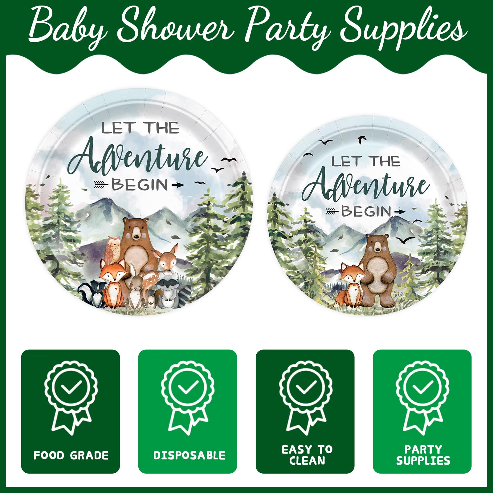 230pcs Let The Adventure Begin Party Supplies Baby Shower Plates Napkins Adventure Tableware Set Disposable Cups Forks Tablecloth Banner and Balloons for Baby Shower Party Decorations Serve 24