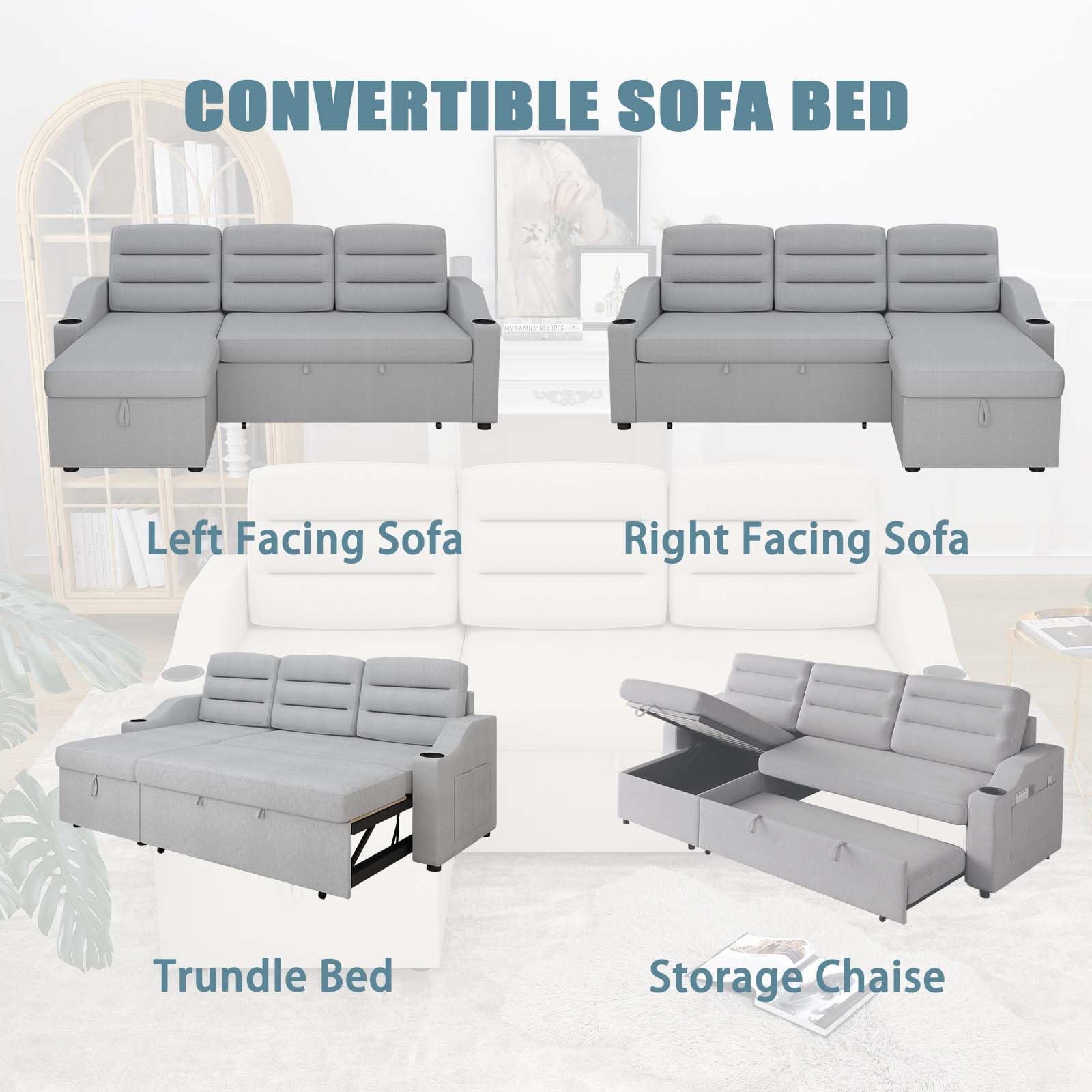 83.5"Convertible Sleeper Combo Sofa, L Shaped Sleeper Sofa,Convertible Sofa Bed with Storage Recliner and Cup Holder,2 in 1 Pull Out Couch,Polyester Sleeper Sofa for Living Room,Apartment, Light Grey