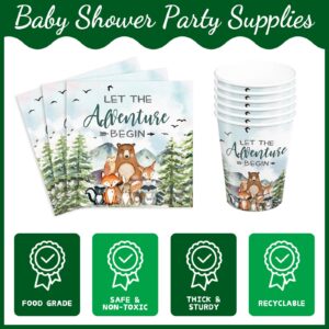 XIENBLOC 120pcs Let The Adventure Begin Party Supplies Baby Shower Plates Napkins Tableware Set Disposable Cups Green Forks Adventure Party Supplies for 24 Guests