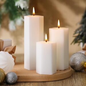 mtlee 3 pcs hexagon pillar tall candle giant white 70 hour long burning time unscented pillar candles minimalism dripless smokeless modern geometric candles home decor for wedding bathroom living room