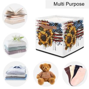 oooJHooo Storage Baskets for Shelves, Sunflower American Flag Waterproof Storage Bins, Collapsible Toy Storage Cubes Organizer with Handles, for Home Closet Nursery Office