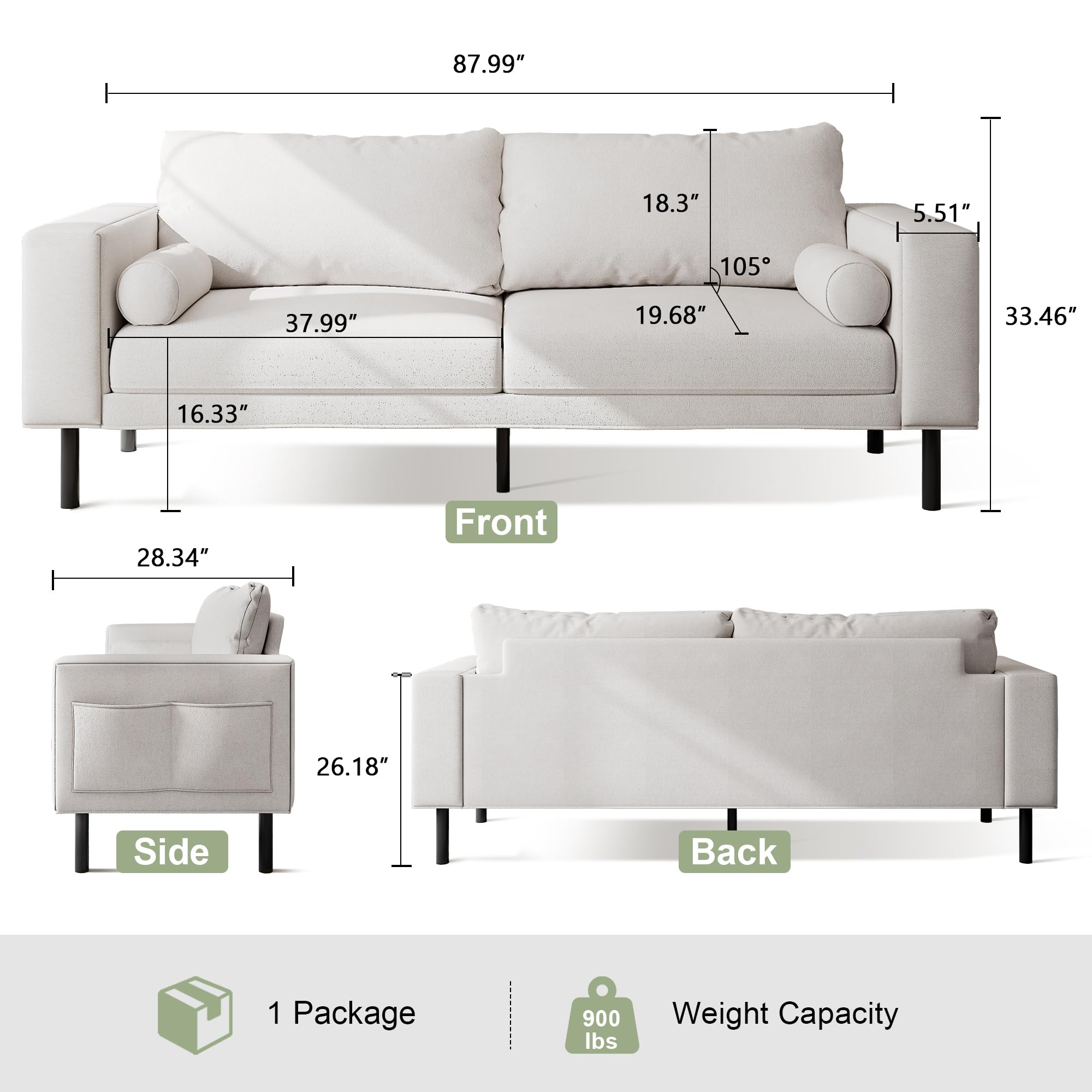 Feonase 88" Sofa Couch, Mid-Century Modern Sofa for Living Room, Loveseat with 4 Side Storage Pockets & 2 Pillows, Heavy-Duty Metal Frame, Beige