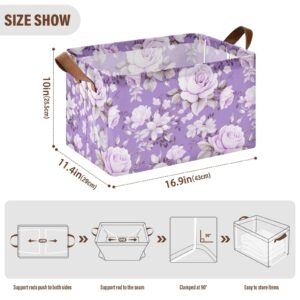 KUEJOP Flower Purple Rose Rectangle Storage Bin, Decorative Collapsible Organizer Storage Basket with Handles for Home