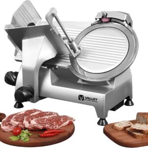 Valley Sportsman 8" Commercial Slicer 180w, 1/4 HP Electric Meat Slicer, Italian Carbon Steel Blade, Quiet Performance, Semi-frozen Meat/Cheese/Food Slicer, 0.5mm to 15mm Adjustable Slicing Thickness