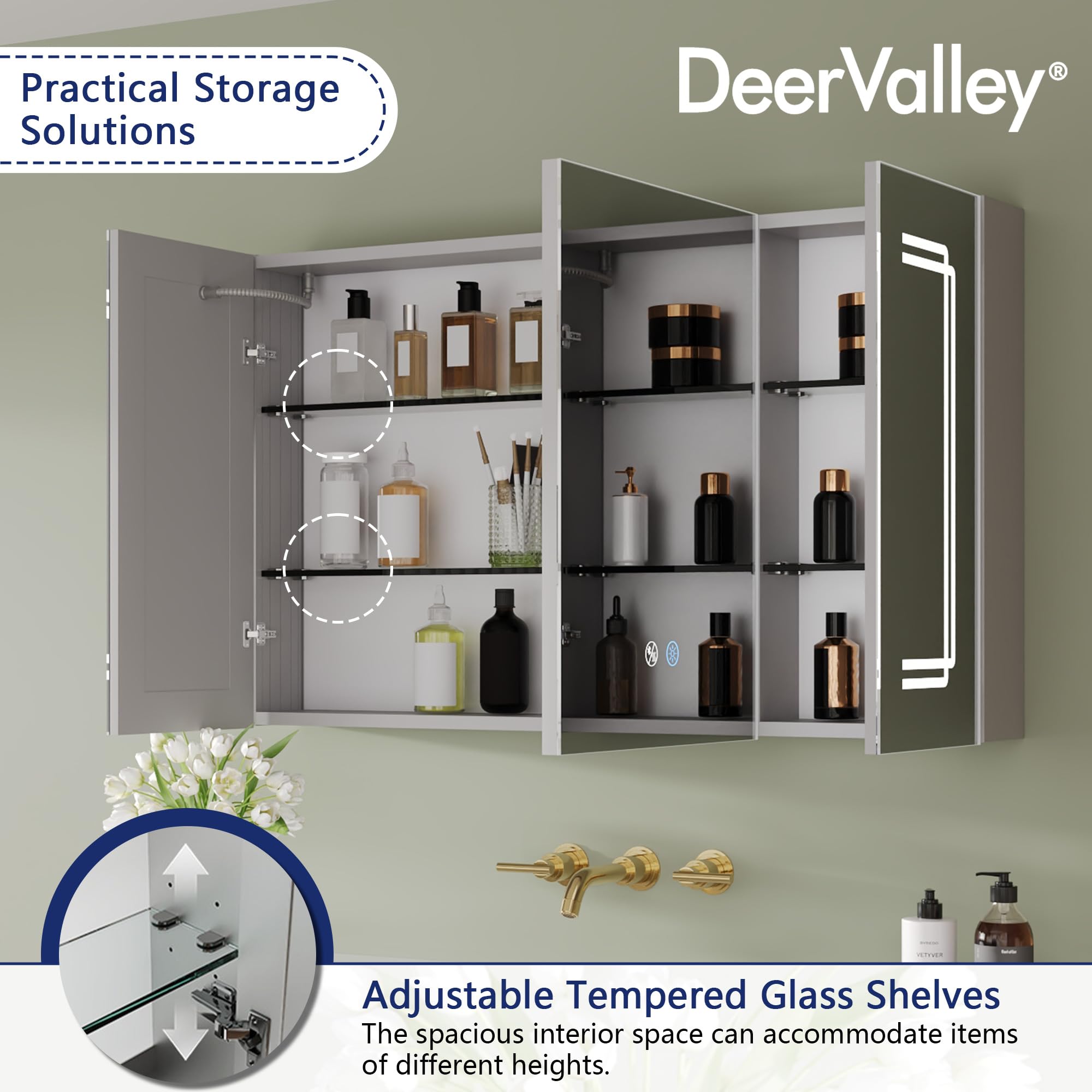 Deer Valley DV-1VM0238 Medicine Cabinets for Bathroom with Mirror, 39.97"x 23.62" Wall Mounted LED Medicine Cabinet Organizer with Defogger, Dimmer, Bluetooth Speaker, Three Doors