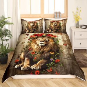 Castle Fairy Lion and Rose Bedding Set,Butterfly Flowers Duvet Cover for Kids Teens,Lions Pattern Comforter Cover Decorative Room,Wild Animals Quilt Cover with 2 Pillowcases,King Size(No Comforter)