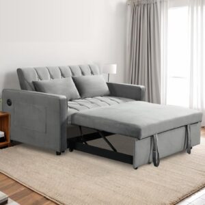 convertible sofa bed twin size, 3 in 1 sleeper loveseat with pull-out bed, upholstered velvet futon couch bed with usb port and side pocket, hide sleep sofa for small spaces, grey, rhombic pattern