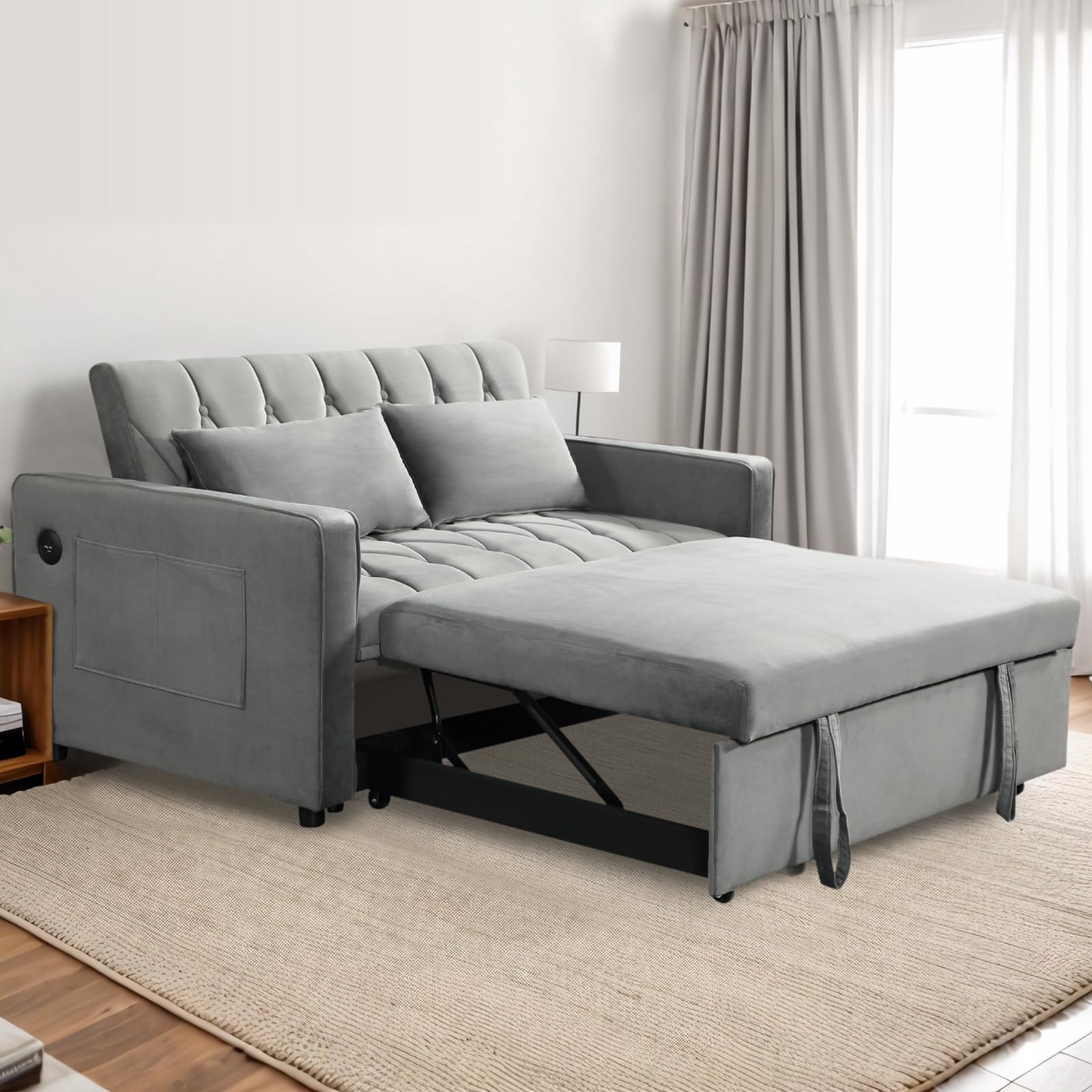 Convertible Sofa Bed Twin Size, 3 in 1 Sleeper Loveseat with Pull-Out Bed, Upholstered Velvet Futon Couch Bed with USB Port and Side Pocket, Hide Sleep Sofa for Small Spaces, Grey, Rhombic Pattern