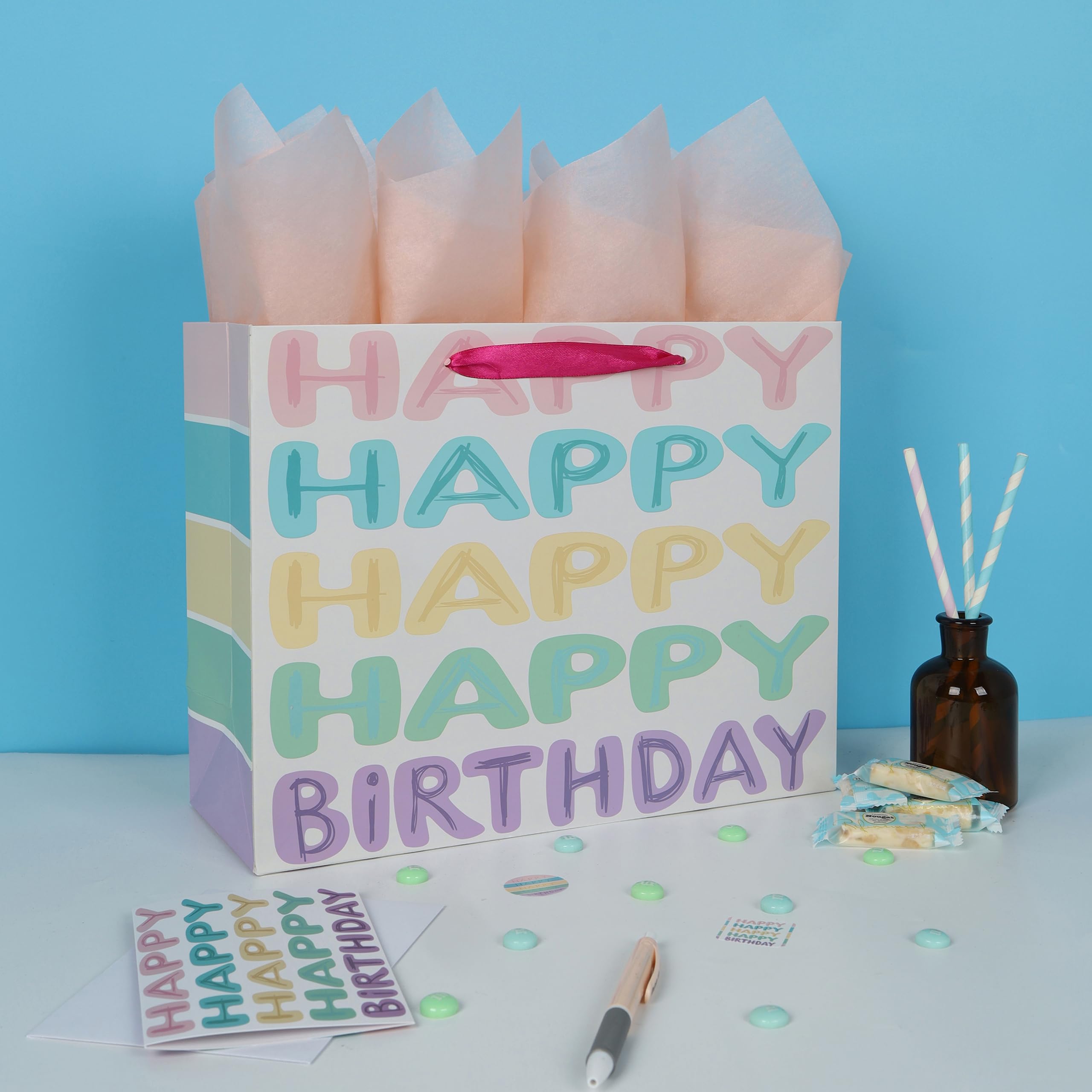 13” Large Colorful Happy Birthday Gift Bag Set with Handles, Greeting Card, Tissue Papers and Stickers for Women Girls, Words Design, 1 Pcs