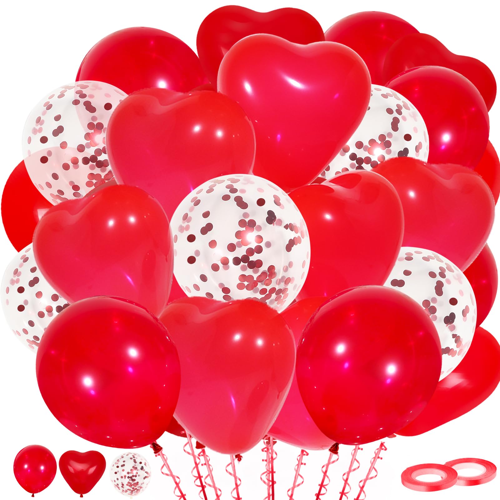 Red Balloons, 60 Pack Red Latex Balloons Red Heart Balloons and Red Confetti Balloons wiht Red Ribbon for Birthday Graduation Baby Shower Valentines Christmas Wedding Party Decorations