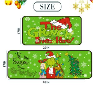 Christmas Decorative Kitchen Mats Set of 2,Grin Christmas Kitchen Decoration,Non Slip Absorbent Kitchen Mat Waterproof Runner Rug for Laundry Room and Sink 17x 29,17x48 Inches