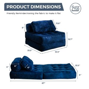 MAXYOYO Folding Sofa Bed, Velvet Convertible Sleeper Chair with Pillow Portable Fold Out Chair Bed, Multifunctional Tufted Floor Sofa Lounge for Living Room Guest Room, Navy