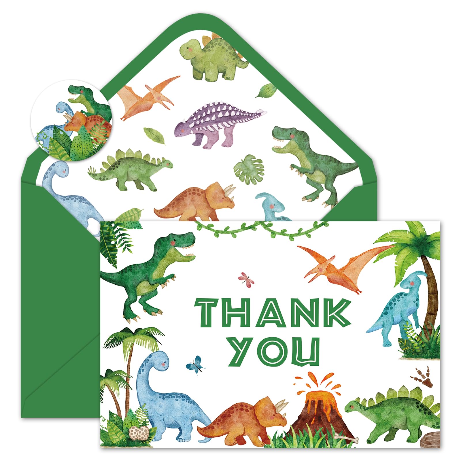 Whaline 24 Pack Dinosaur Thank You Card Watercolor Green Jurassic Greeting Card with Envelopes Sticker Cute Animal Blank Note Card for Baby Shower Party Invitation Supplies, 4 x 6 Inch