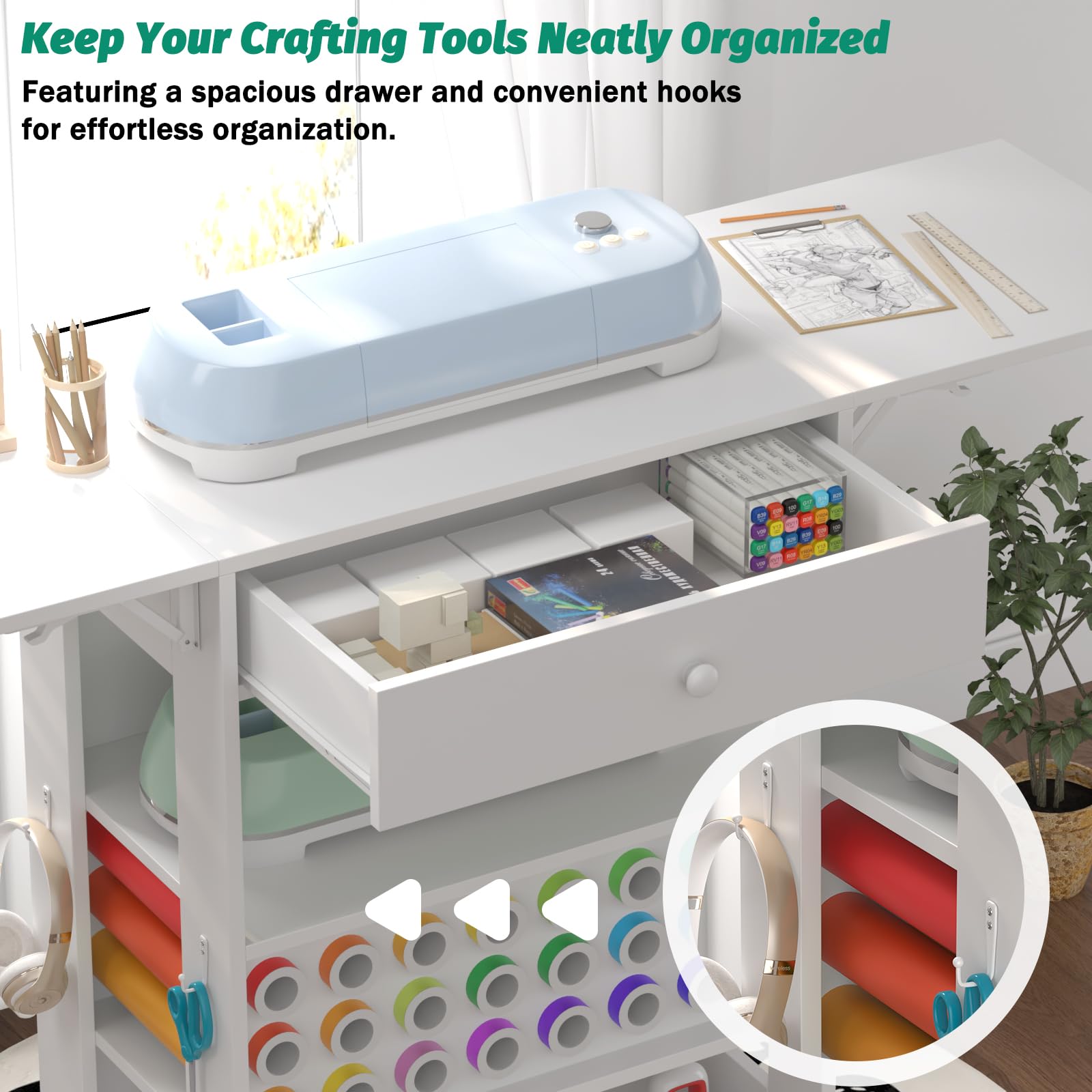 Craft Cart Compatible with Cricut Machine, Storage Rolling Cricut Cart Furniture with Foldable Sides & Drawer for Cricut Organization for Craft Room Home Office