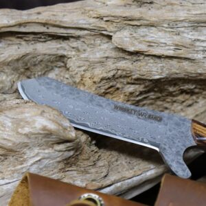 WHISKEY BENT HAT CO. Bullcutter 3 Fixed Blade Knife Damascus Steel, w/Leather Sheath, 3.5" Blade, 7" Overall Length (Spring Branch)