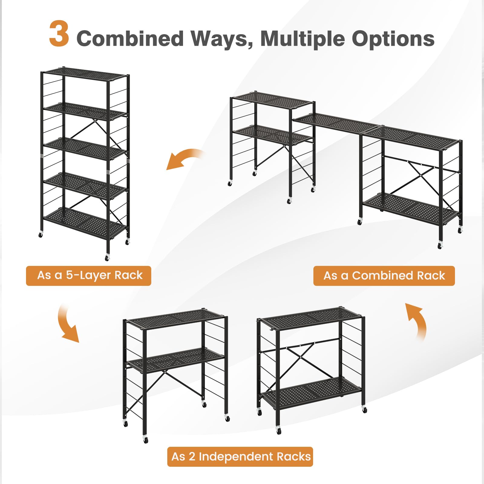 Giantex 5-Tier Folding Bookshelf with Wheels of 2, 60" Tall Foldable Black Metal Shelves for Storage, Freestanding Open Shelving Storage, Easy Assembly Bookcase Display Shelving Rack, Black